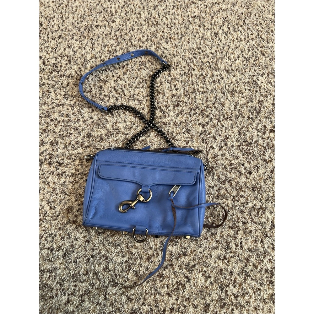 Rebecca Minkoff Mini Mac Blue PebbleLeather Stud Chain Links Strap Crossbody Bag